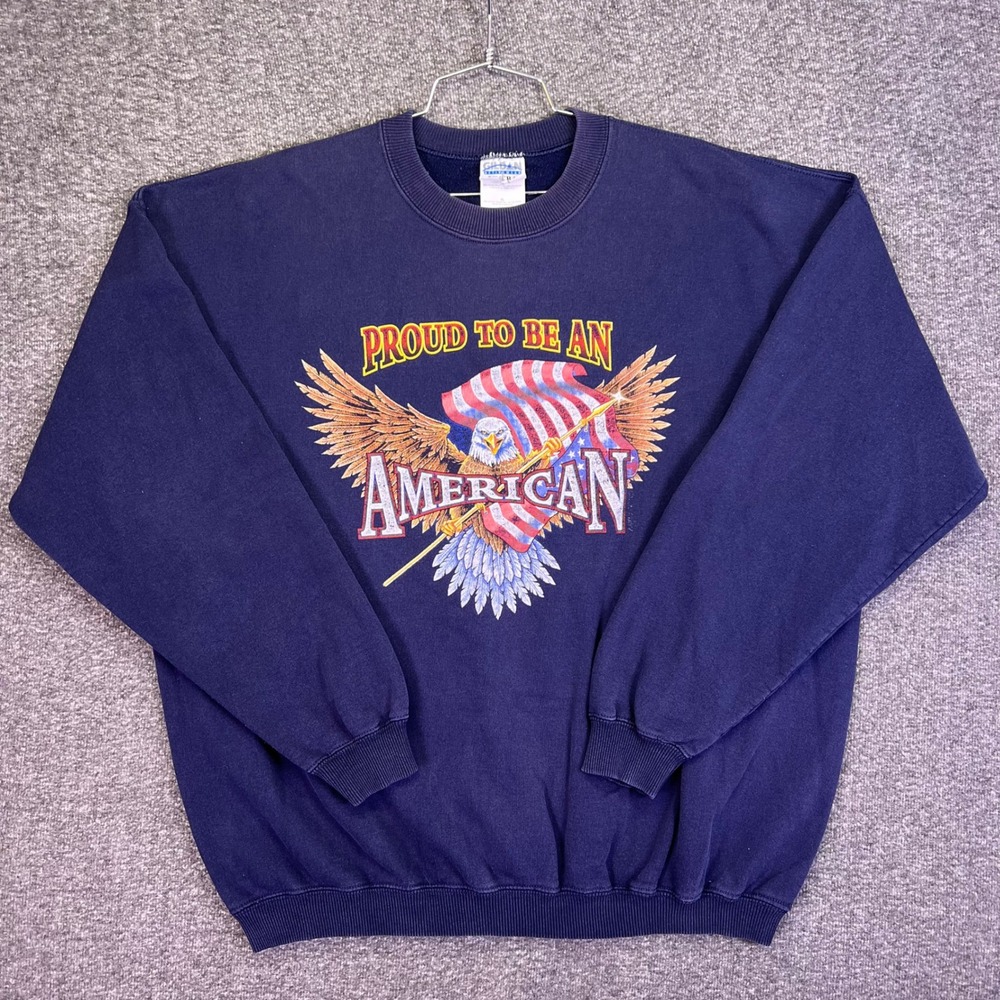 Gildan Graphic Sweatshirt Mens XL Navy Blue Patriotic Eagle American Vintage Y2K